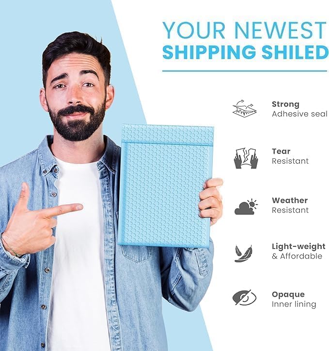 Light Blue 12.5x19.5 Inch Large Poly Bubble Mailers #6 | Padded Envelopes with Self Seal | Air Lined Cushioned Bubble Mailer | Usable Size 12.5x15 | 100 Pack Bulk | Lightweight shipping Bags