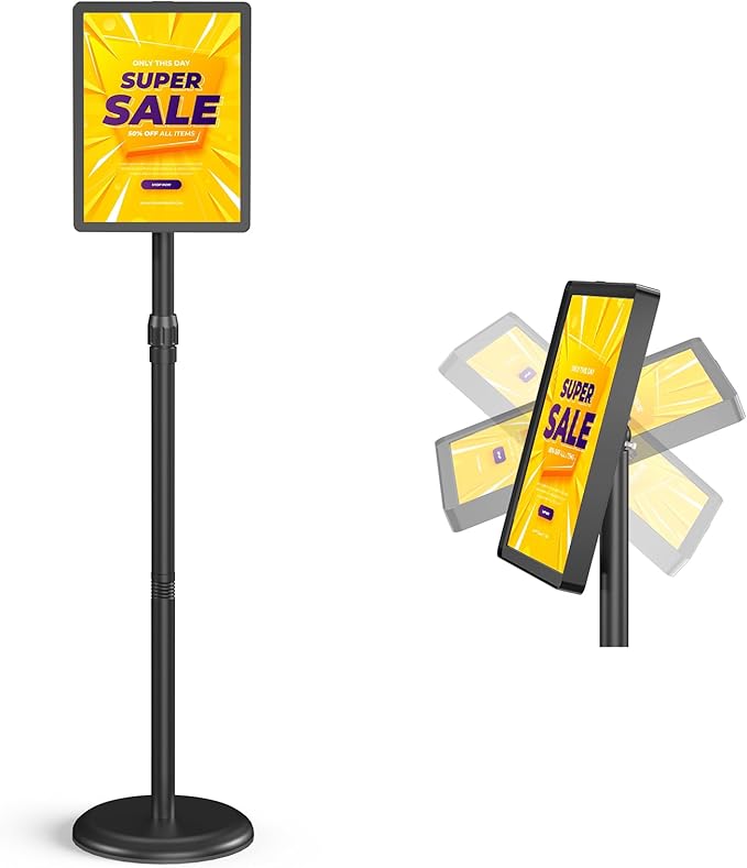 Sign Holder Stand Adjustable Sign Stand 8.5 x 11 Inches Floor Standing Sign Holder Snap-Open Frame 360° Rotating signage stand for Restaurant, Business, Shopping Mall