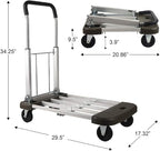 LEADALLWAY Platform Cart Foldable Push Cart Aluminum Adjustable Length Flatbed Cart with Polyurethane Mute Wheel,330-LB Capacity(with 2 Ropes)