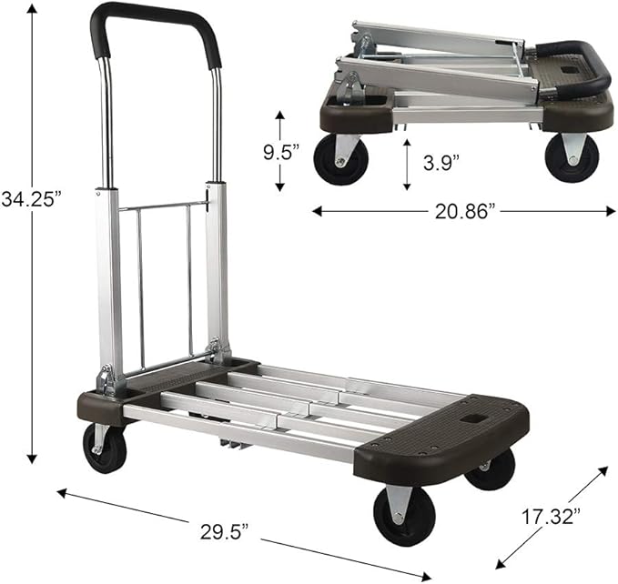 LEADALLWAY Platform Cart Foldable Push Cart Aluminum Adjustable Length Flatbed Cart with Polyurethane Mute Wheel,330-LB Capacity(with 2 Ropes)
