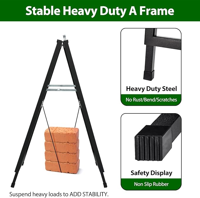 A Frame Sidewalk Sign 24 x 36 Inch Outdoor, Double-Sided Folding Sandwich Board with Handle, Heavy Duty Metal Slide-in A-Frame for Business, Advertising, Party, with 2 Plastic Boards