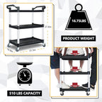 Plastic Utility Carts with Wheels, Heavy Duty 510lbs Capacity Rolling Service Cart, 3-Tier Restaurant Food Cart with Hammer for Office, Warehouse, Garage (Lockable Wheels, Black)