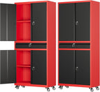 73" Metal Garage Storage Cabinet with Wheels， Rolling Tool Storage with Locking Doors， Adjustable Shelves and Drawer, Heavy Duty Steel Tool Cabinet for Garage, Warehouse, School(Red Black)