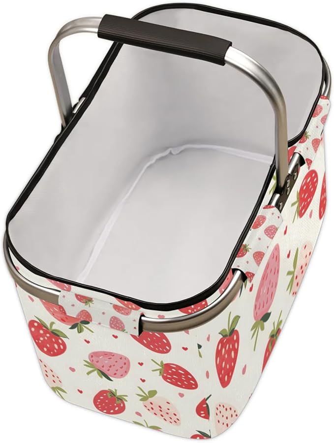 Collapsible Picnic Basket with Handle, Shopping Basket Aluminum Frame, Grocery Basket Tote for Women, Farmers Market Basket, Harvest Baskets Camping Travel Portable Beach Bag (White Strawberries)