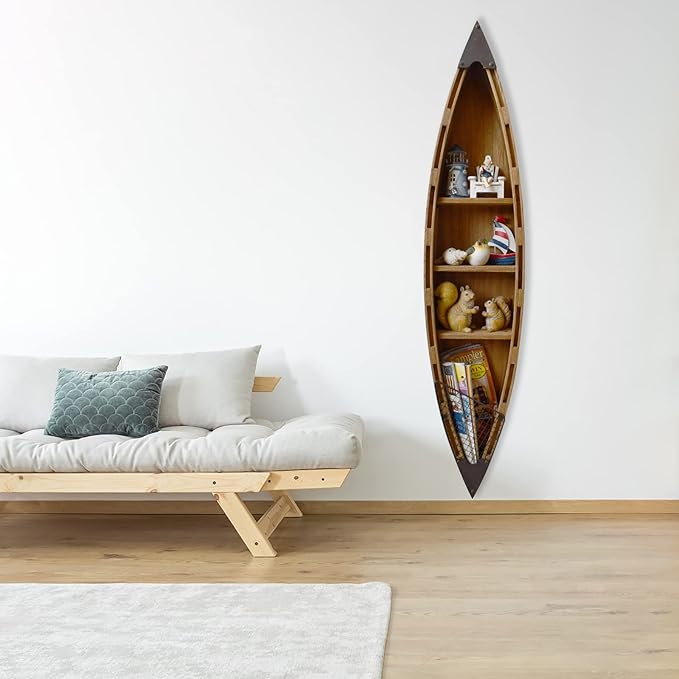 E-view Solid Wood Hanging Boat Shelf Decorative Nautical Wall Decor Beach Themed Bookcase Large Wooden 3-Tier Display Shelves for Home Kitchen Bedroom Living Room