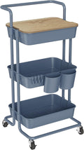 DTK 3 Tier Utility Cart with Cover Board, Rolling Cart with Lockable Wheels, Cups, Hooks for Home Office, Art Craft Storage, Home School Organization and More Uses(Blue)