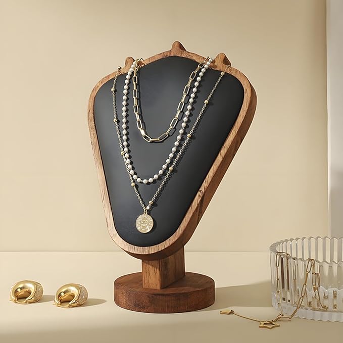 Walnut Color Body Wood Necklace Display Stand with Black Leather Soft Mat Necklace Holder Organizer Desktop Stand for Home Store Dresser-3.3"x5.8"x8.4"