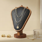 Walnut Color Body Wood Necklace Display Stand with Black Leather Soft Mat Necklace Holder Organizer Desktop Stand for Home Store Dresser-3.3"x5.8"x8.4"