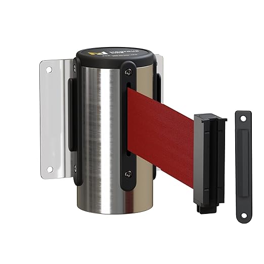 Montour Line WM115 Wall Mounted Retractable Belt Barrier with Standard Belt End, Fixed Mount, Polished Stainless Steel Casing (8.5 ft Maroon Belt)