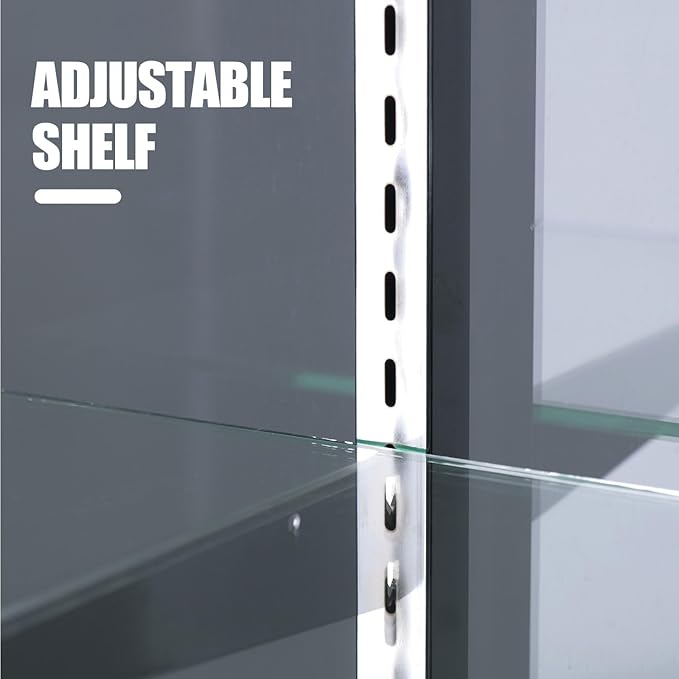 70”D * 20”W * 38”H, Freestanding LED Retail Full Vision Glass Display Case, Silvery Aluminum Frame, Two Adjustable Height Tempered Glass Shelves