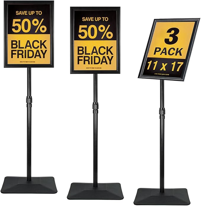 Adjustable Sign Stand for Display, with Upgraded Iron Base, Pedestal Floor Signage Stand Holder for Outdoor or Indoor Advertising (11 x 17, Black, 3Pack)