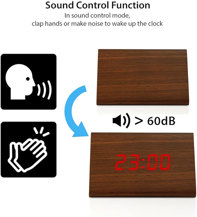 GEARONIC Digital Alarm Clock Wooden Alarm Clock Wood Modern Triangle Alarm Digital Desk Clock, Displays Time Date Temperature Calendar Wood Made Electric Clocks for Bedroom, Bedside - Brown