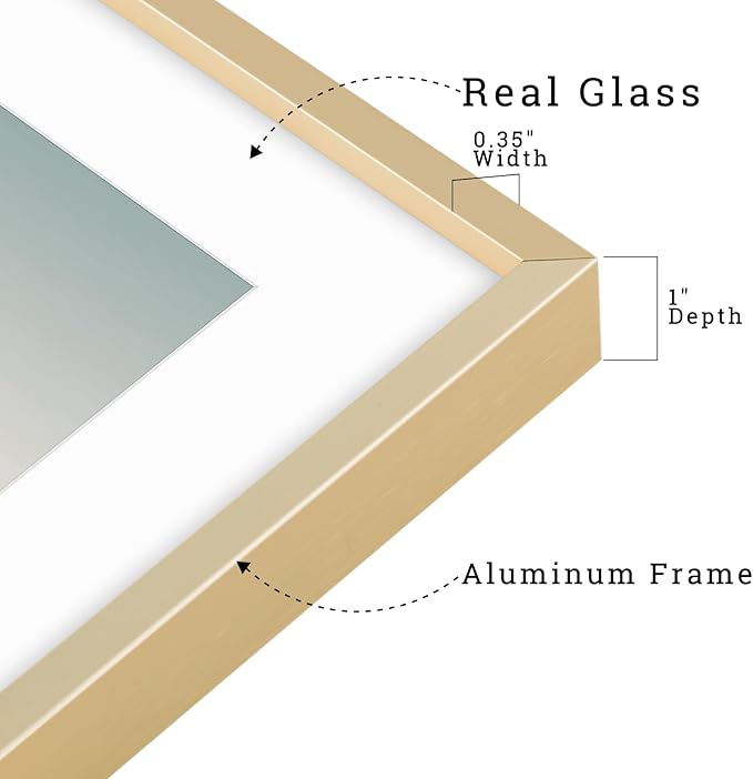 Frametory, 8x10 Metal Picture Frame with Mat for 5x7 Picture & Real Glass, Aluminum Photo Frame Collection (Gold, 1 Pack)