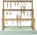 SANY DAYO HOME 3-Tier Earring Holder Organizer Stand, 105 Holes Gold Metal Earring Rack Jewelry Display Tree with Sage Green Wood Tray for Women and Girls