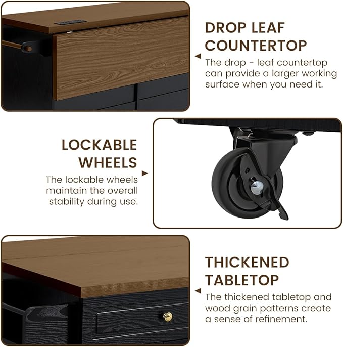 COCO DESIGN 60" Rolling Kitchen Cart with Power Strip & Drop Leaf, Thick Countertop, Large Storage Cabinet & Drawers, Mobile Island with Locking Wheels, Towel Rack and Spice Rack, Black and Walnut