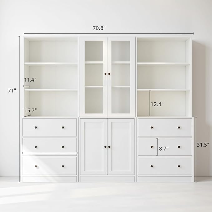 TUSY 71" H Bookshelf Bookcase with Doors, 3-Tier Modern Bookshelves with 3 Large Drawer, Display Bookcase with Glass Doors, Modern 5-Tier Curio Cabinet for Home Office, Dining Room (White, ABA)