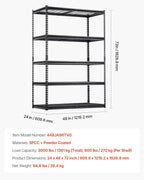 VEVOR Storage Shelves, 3000 lbs, 5 Tier Heavy Duty Garage Shelving, 24" D x 48" W x 72" H Adjustable Metal Shelves for Industrial Shelving Unit Utility Shelf, for Kitchen, Warehouse, Basement, Black