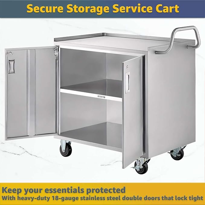 21" x 33" Commercial NSF Stainless Steel Utility Cart - 3 Shelf Enclosed Base with Locking Doors, Heavy-Duty Service Cart on Wheels for Kitchens and Catering