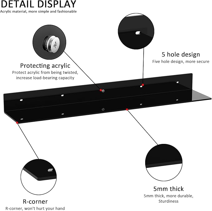 30 Inches Acrylic Long Wall Shelf Set of 2, Black Wall Mounted Acrylic Bathroom Storage Shelves Display Organizer, 2 Pack(30 Inch)