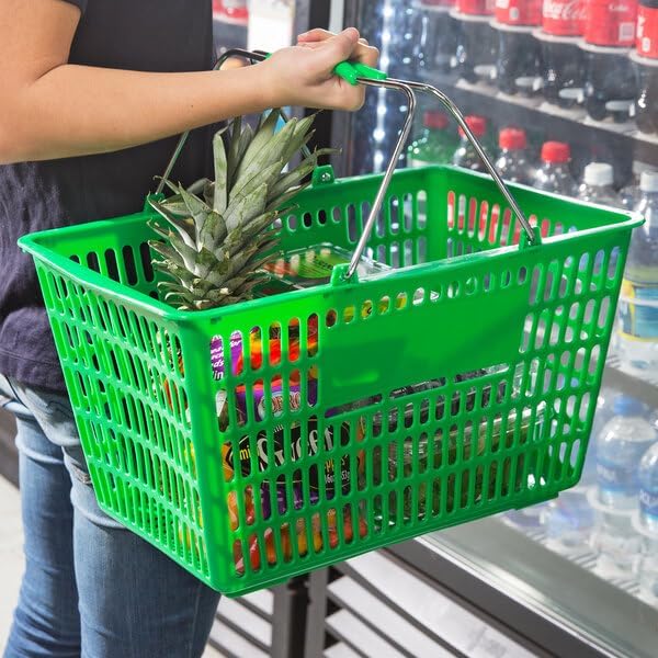 Plastic Shopping Basket, Green, 18 11/16 x 12 3/8 Inch, Steel Handles, 32L Capacity, Stackable Design for Grocery Market Store, 12 Pack