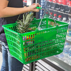 Plastic Shopping Basket, Green, 18 11/16 x 12 3/8 Inch, Steel Handles, 32L Capacity, Stackable Design for Grocery Market Store, 12 Pack