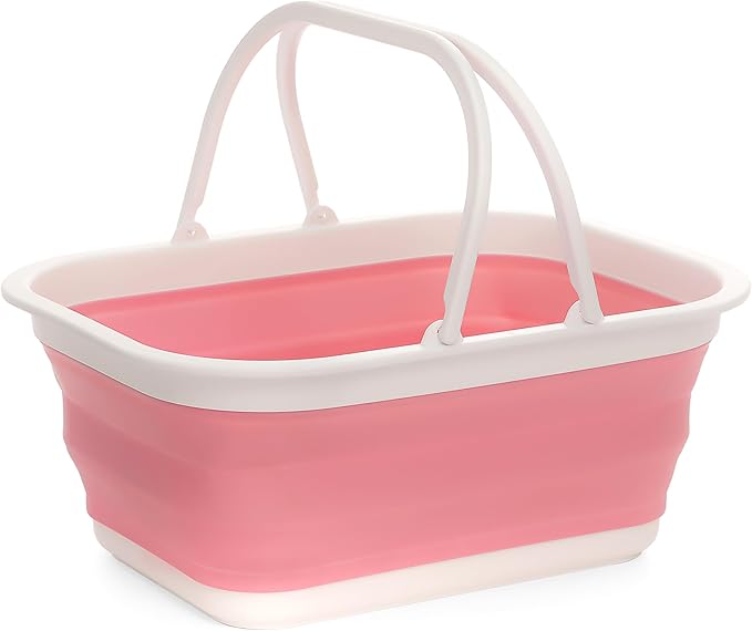 SAMMART 15.5L (4.1 Gallons) Collapsible Tub with Handle - Portable Outdoor Picnic Basket/Crate - Foldable Shopping Bag - Space Saving Storage Container (Pink)