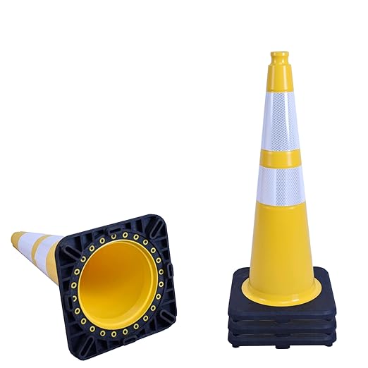 4 Pack 28 Inch Yellow PVC Traffic Cones Black Base Stable Flexible, Road Safety Construction Zone Crowd Control Parking Safety Cones (4, Yellow, 28 Inch)