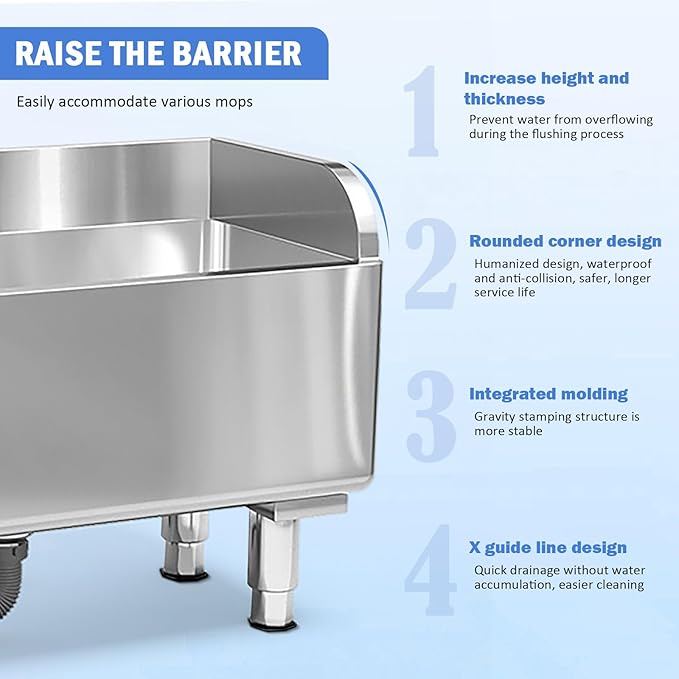 Commercial Floor Mop Sink，Stainless Steel Mop Service Basin，Mop Cleaning Sink，Vertical industrial sewage tank for balconies, laundry rooms, industries, etc（39.37”×16.1”×21.6”)