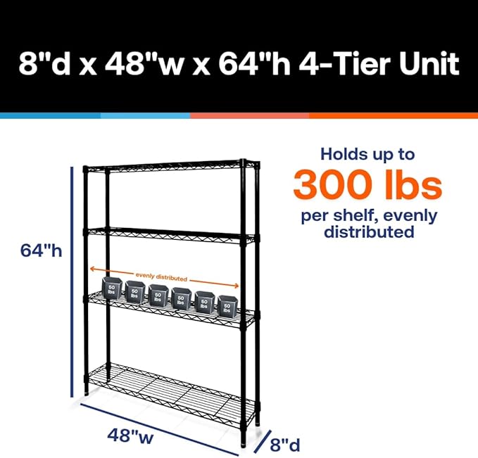 Shelving Inc. 8" d x 48" w x 64" h Black Wire Shelving with 4 Tier Shelves, Weight Capacity 300lbs Per Shelf