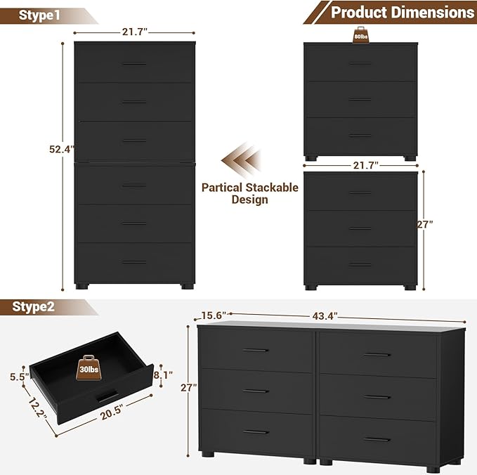 Aheaplus Closet Drawers Set of 2, Wood Closet Organizers and Storage with 3 Drawers, Closet Drawers Organizer System, Nightstands Bedside End Table with 3 Drawers Storage for Bedroom, Black