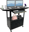 Large Steel AV Cart With Locking Cabinet and Pullout Keyboard Tray, Adjustable-Height Rolling Media Cart With Wheels & Power (54"x18"x43")