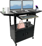 Large Steel AV Cart With Locking Cabinet and Pullout Keyboard Tray, Adjustable-Height Rolling Media Cart With Wheels & Power (54"x18"x43")