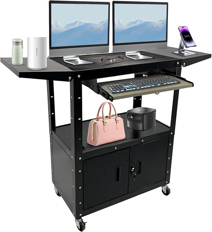 Large Steel AV Cart With Locking Cabinet and Pullout Keyboard Tray, Adjustable-Height Rolling Media Cart With Wheels & Power (54"x18"x43")