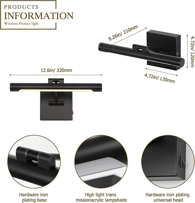 Joosenhouse Battery Operated Picture Light (2-Pack), 5000mAh Rechargeable Wall Light, Wireless Art Display Light with Remote Timer and Dimmer, 12.6-Inch Black Painting Light