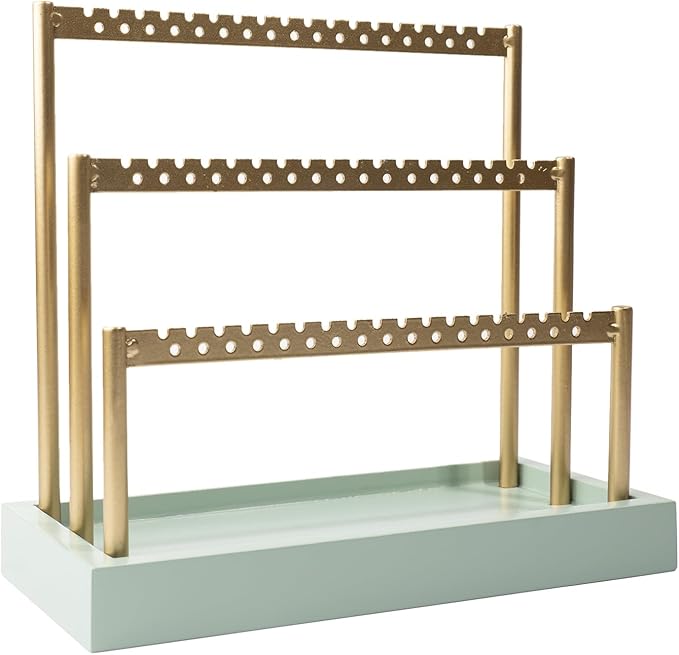 SANY DAYO HOME 3-Tier Earring Holder Organizer Stand, 105 Holes Gold Metal Earring Rack Jewelry Display Tree with Sage Green Wood Tray for Women and Girls