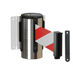 Montour Line WM115 Wall Mounted Retractable Belt Barrier with Standard Belt End, Fixed Mount, Polished Stainless Steel Casing (8.5 ft Red and White Diagonal Belt)