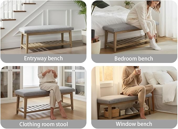 Entryway Bench, Chenille Upholstered Shoe Benches for Bedroom, Ottoman Benches with Solid Wood Shelf, Storage Bench for Hallway, Living Room(Grey)
