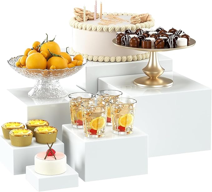 6 Pcs White Acrylic Boxes for Display as Buffet Risers and Stands, Food Risers for Party, Table, including 8", 7", 6", 5", 4", 3" (Small, 6Pcs, White)