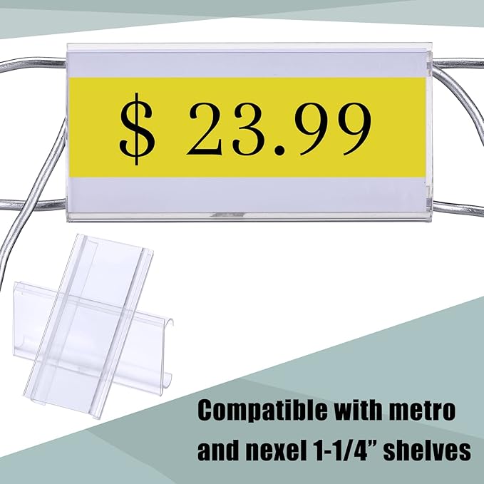 Kathfly 200 Pcs Plastic Wire Shelf Label Holder, Sign and Ticket Holder Clips with Paper Insert Area 3"x1.25" Compatible with Metro 1-1/4 Inch Shelves, Label Inserts Included