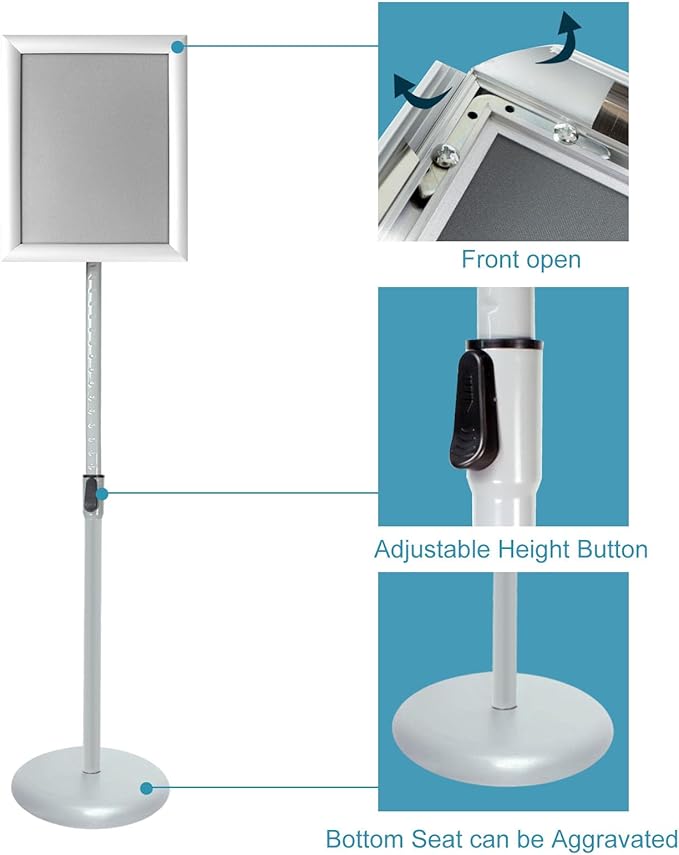 Adjustable Pedestal Poster Sign Stand with Heavy Duty Base Sign Holder Aluminum Snap Open Frame for 8.5 x 11 inches Both Vertical and Horizontal View Displayed Used for Living and Business(Silver）