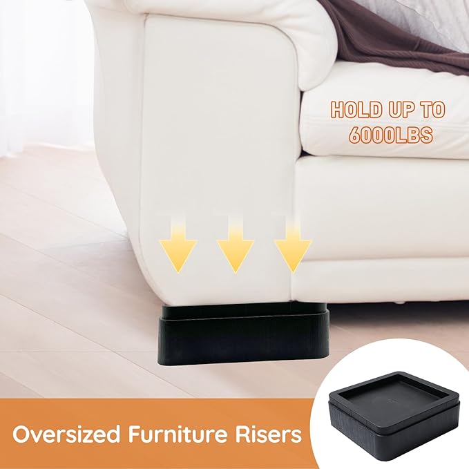 Bed Risers, Oversized Furniture Risers Fit Up to 5.5" Legs, 2 inch Raise Blocks for Bed Couch Desk Sofa Table Lifts, Furniture Legs Lifters Support up to 6000 Lbs (Black, 4 Pack Set)
