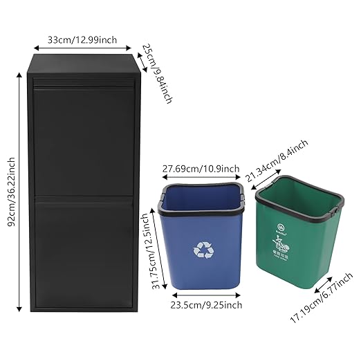 Recycling Trash Cabinet with 2 Bins & Tilt-Out Door – 15-Gallon Stainless Steel Organizer for Kitchen, Garage – Dual Waste Sorting System for Homeowners (Black)