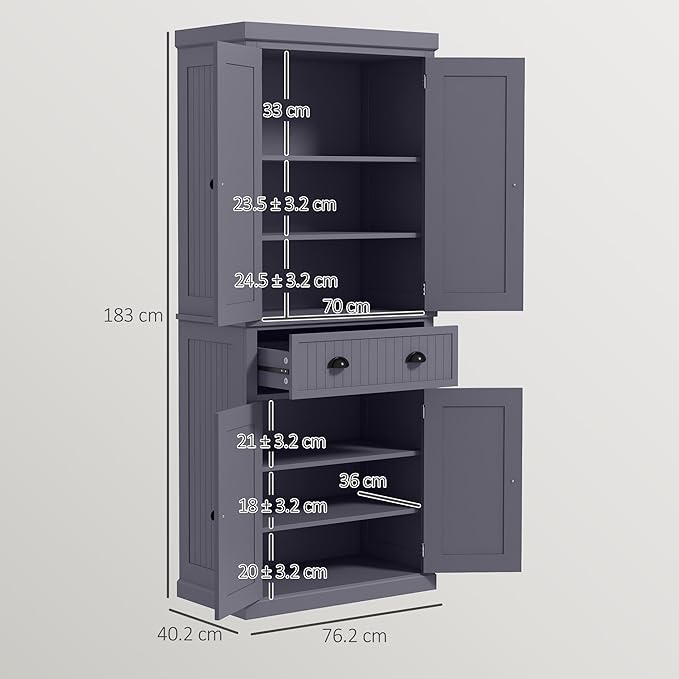 HOMCOM 72" Traditional Kitchen Pantry Cabinet, Freestanding Tall Storage Cabinet with 4 Doors, Drawer and 3 Adjustable Shelves for Dining Room, Navy Blue
