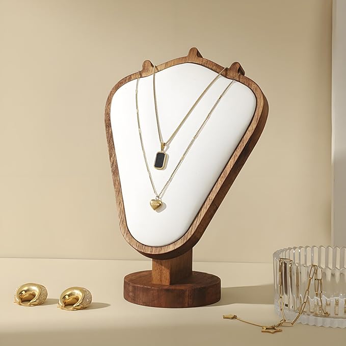 Walnut Color Body Wood Necklace Display Stand with White Leather Soft Mat Necklace Holder Organizer Desktop Stand for Home Store Dresser-3.3"x5.8"x8.4"