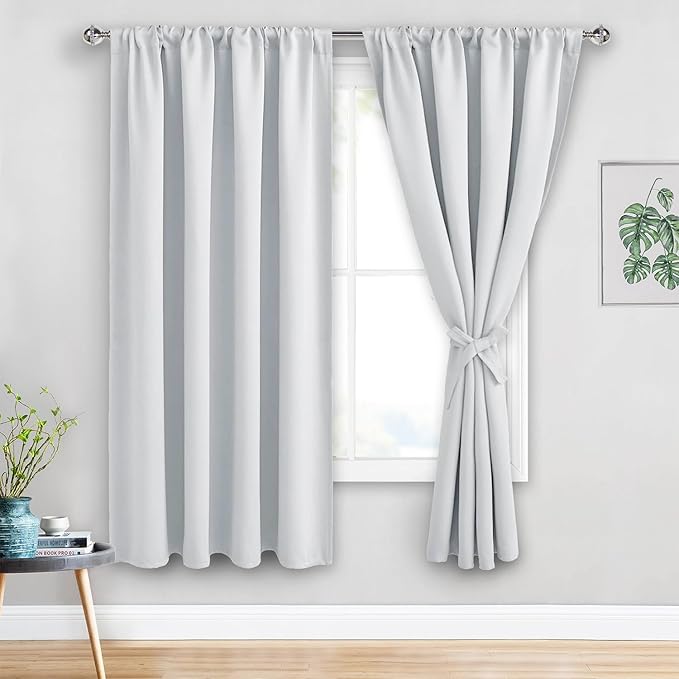 JIUZHEN Curtains for Bedroom - Thermal Insulated Room Darkening Noise Reducing, 52 x 63 Inch Blackout Curtains for Living Room, Light Blocking Drapes Set of 2 Panels with Tiebacks, Greyish White