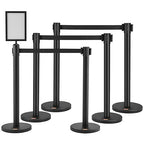 VEVOR Crowd Control Stanchions, 6-Pack Crowd Control Barriers, Carbon Steel Baking Painted Stanchion Queue Post with Sign Holder & 3PCS 6.5FT Retractable Belt, Belt Barrier Line Divider, Easy Assembly