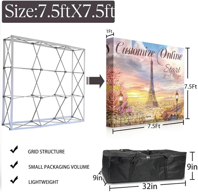 Customize Trade Show Fabric Pop Up Display Tension Fabric Banner Portable Aluminum Display Store Sign Holders Booth Holder Print and Frame Set 7.5×7.5 FT