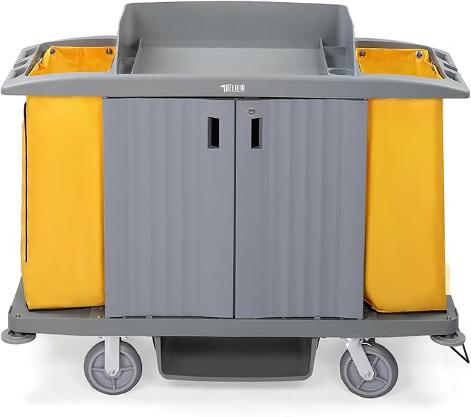 TUFFIOM Industrial Multifunctional Locking Hotel Cart,Commercial Traditional Cleaning Janitorial Room Service Housekeeping Cart, 51" H x 59" W x 20" D,Grey