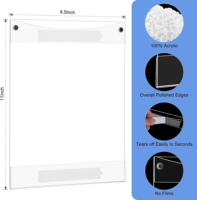 Acrylic Sign Holder 8.5 x 11 Wall Mount, Adhesive & Magnetic Back - Vertical or Horizontal Mount for Office, Classroom, Retail Displays on Glass, Doors, Wood, or Other Smooth Surfaces
