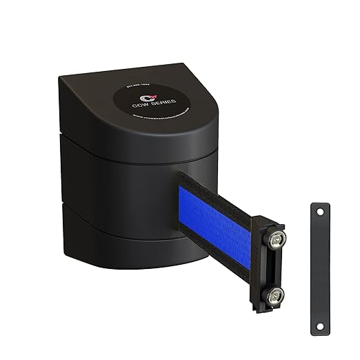 Crowd Control Warehouse - CCW Series WMB-220 Magnetic Wall Mount Retractable Belt Barrier - 15 Foot, Black Horizontal Blue Stripe Belt with Black ABS Case
